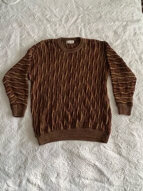 Pronto Uomo Brown and Tan Wave-Texture Crewneck Sweater